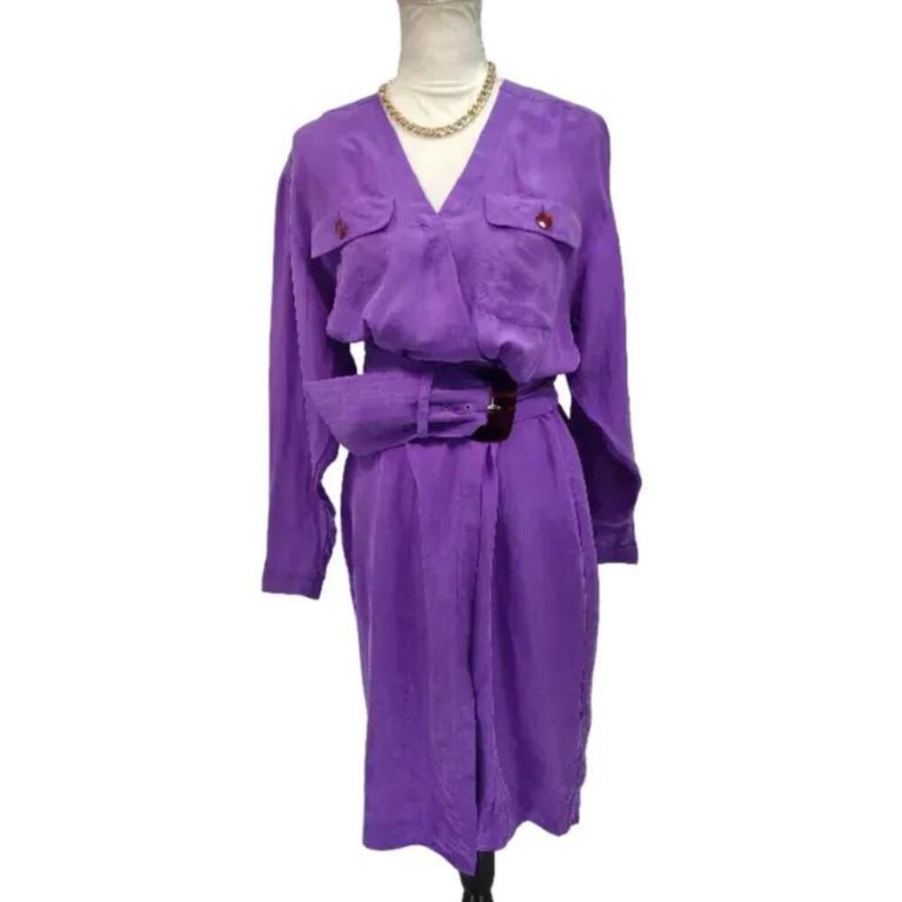 Vintage, 80s 100% Silk, Purple Belted Dress. Size: 10